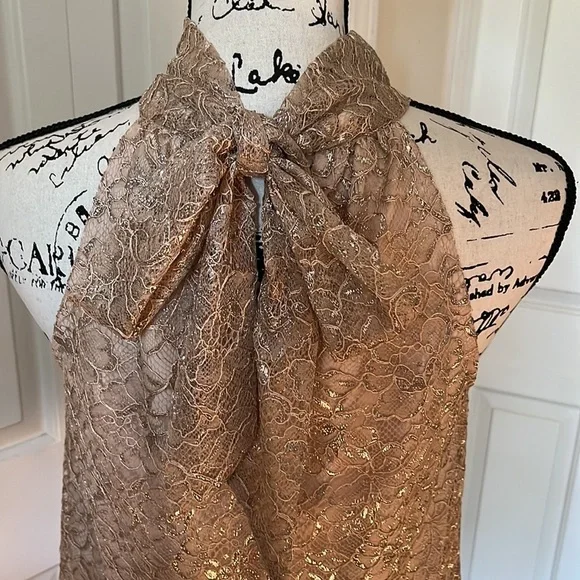 J.Crew Tie Neck Top In cream with Metallic gold Lace Blouse sz Small - Picture 7 of 11